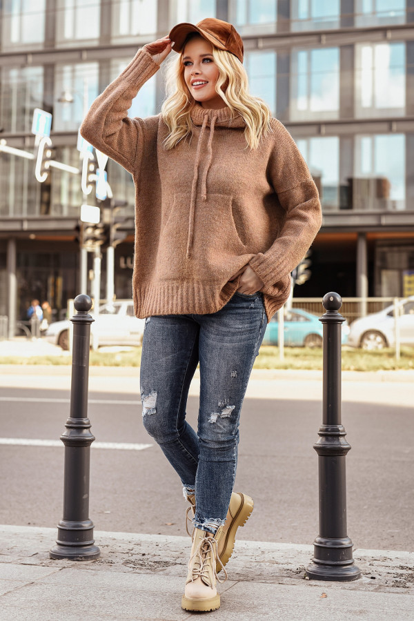 Sweter oversize z kapturem Kangurka Karmel