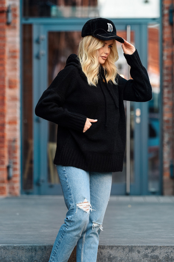 Sweter oversize z kapturem Kangurka Czarny 1