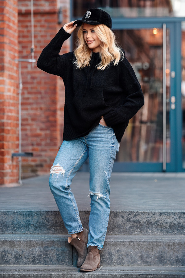Sweter oversize z kapturem Kangurka Czarny 2