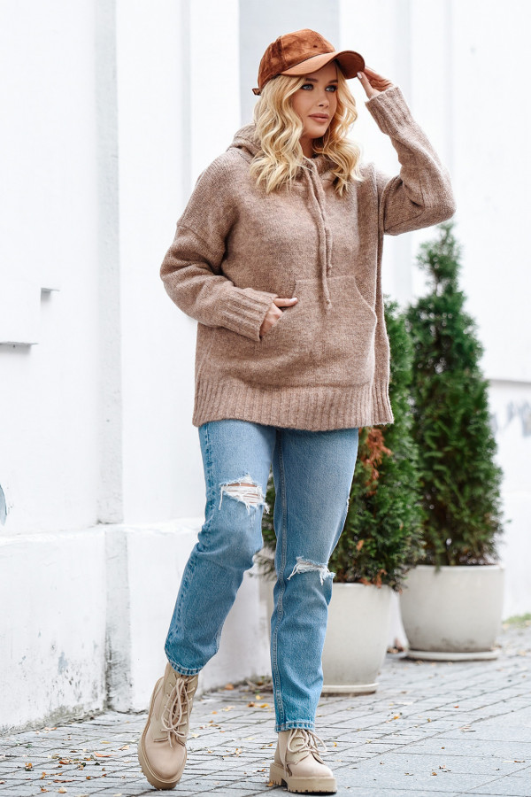 Sweter oversize z kapturem Kangurka Latte 1