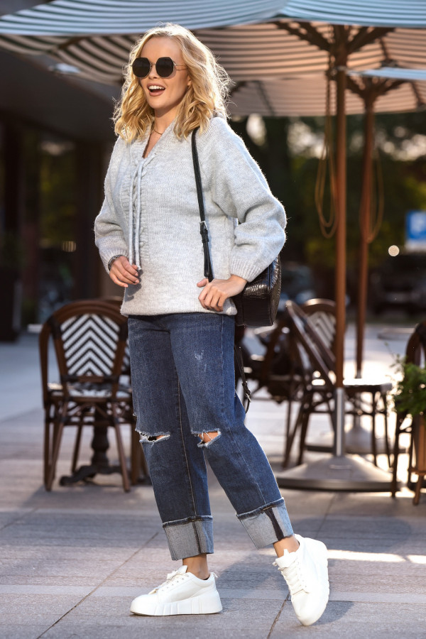Sweter oversize ze sznurowaniem Vera Szary