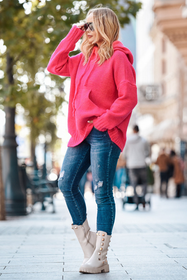 Sweter oversize z kapturem Kangurka Fuksja 1