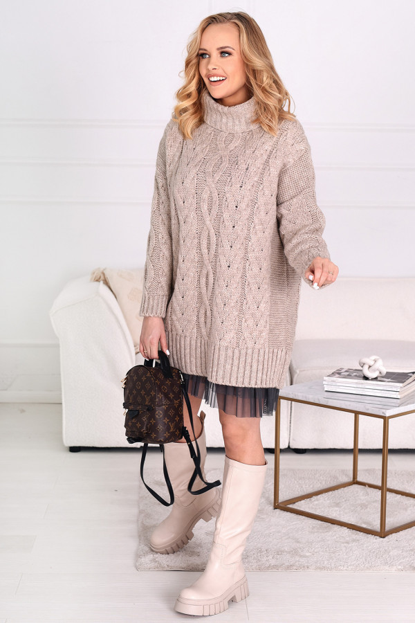 Długi pleciony sweter z golfem Aura Beż 1