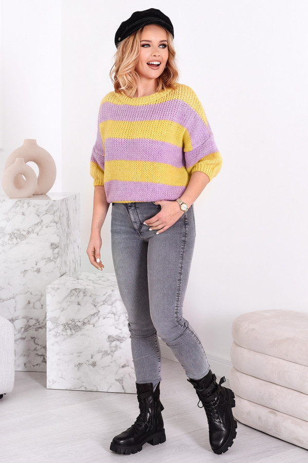 Krótki sweter w paski Gabriella cytrynowo-liliowy 1