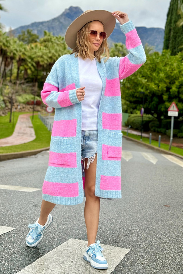 Długi kardigan w kolorowe pasy Arleta błękit-baby róż 1