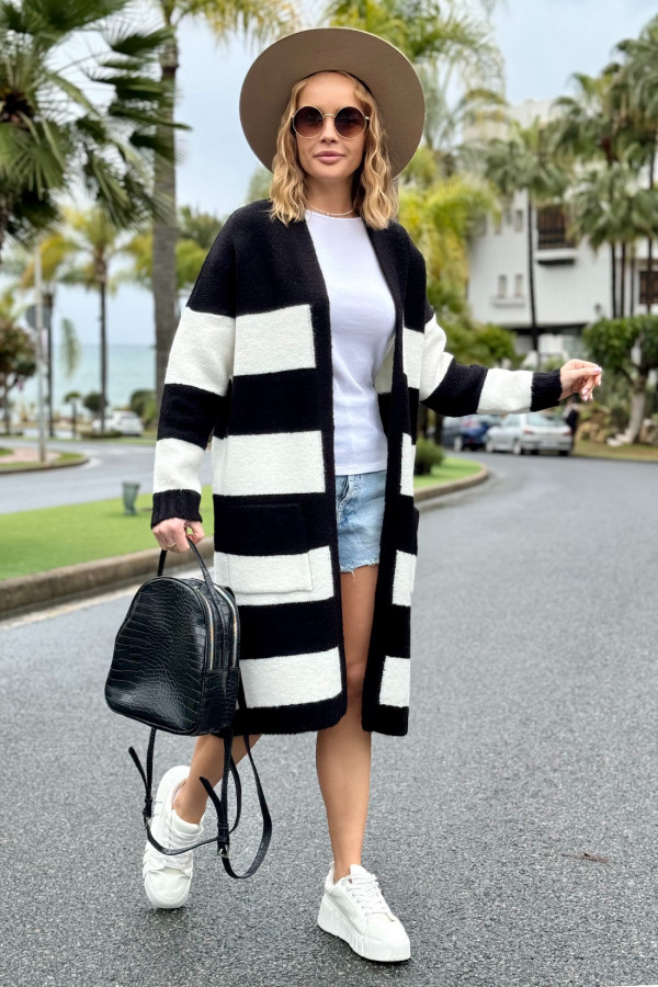 Długi kardigan w kolorowe pasy Arleta czarny-ecru 1