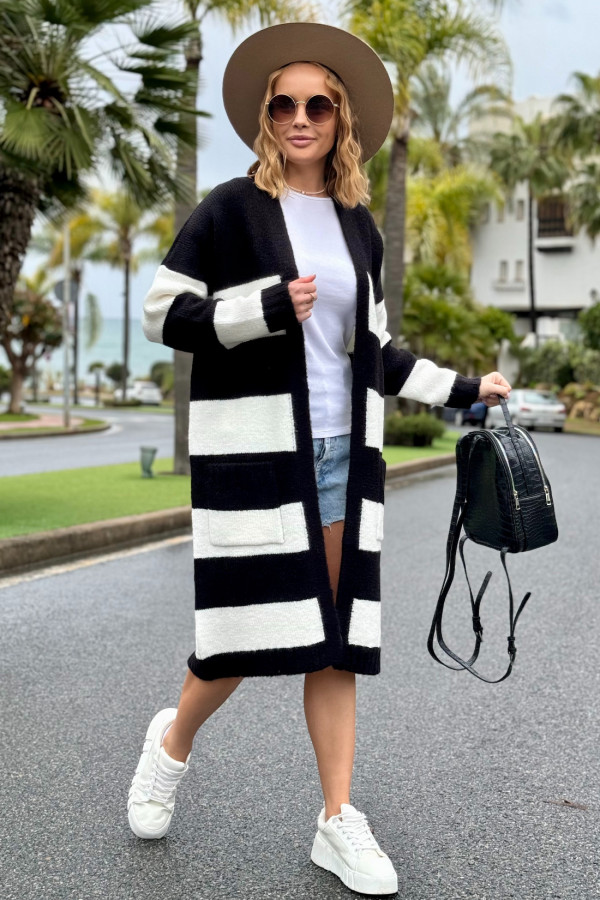 Długi kardigan w kolorowe pasy Arleta czarny-ecru 5