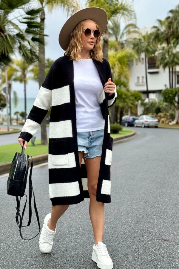 Długi kardigan w kolorowe pasy Arleta czarny-ecru 6