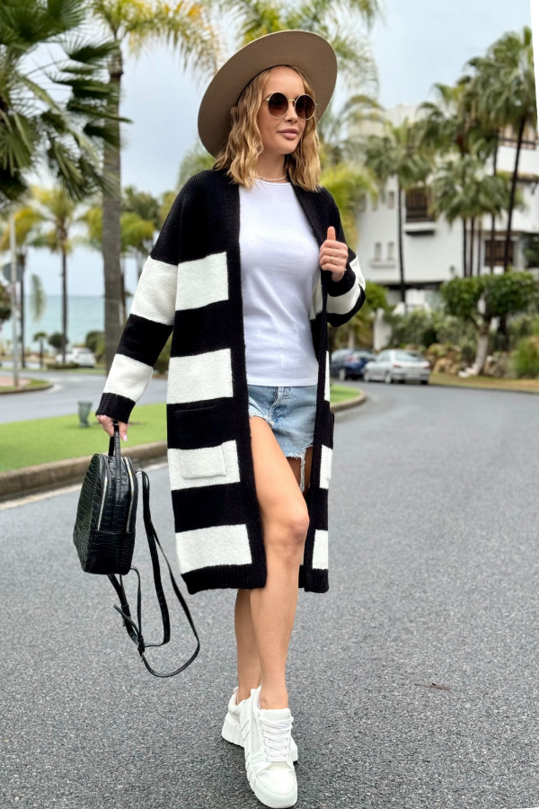 Długi kardigan w kolorowe pasy Arleta czarny-ecru 7