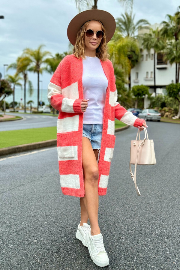 Długi kardigan w kolorowe pasy Arleta koral-ecru 1
