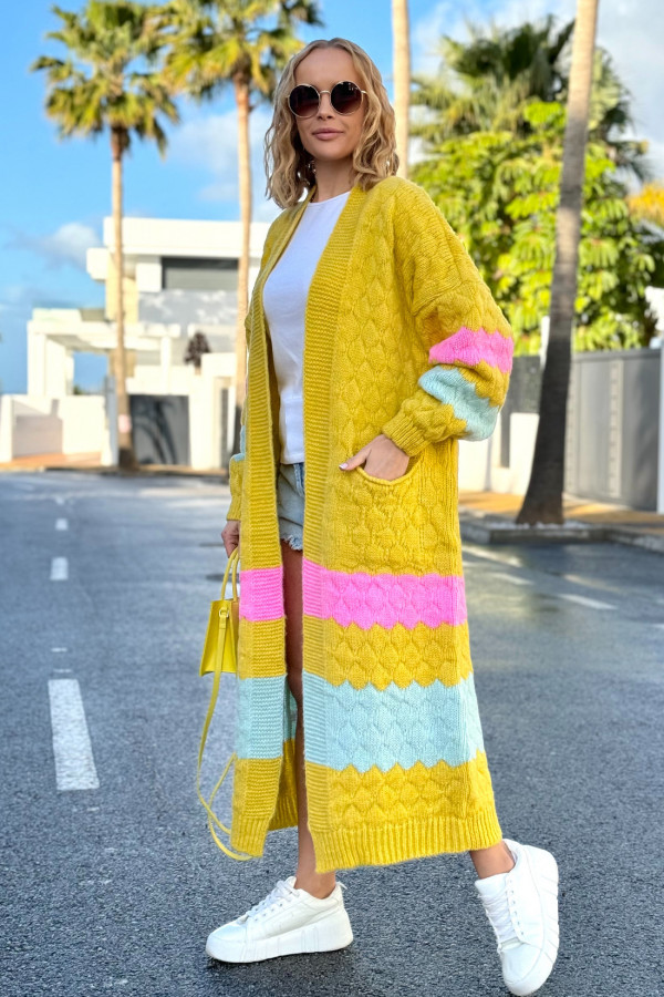 Długi kolorowy kardigan z kieszeniami Lucy Cytryna 2