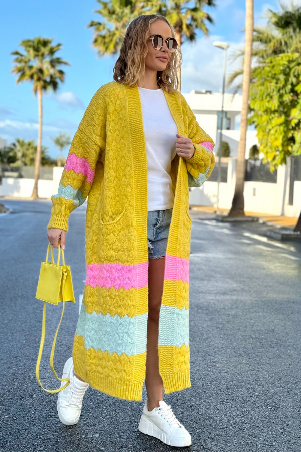 Długi kolorowy kardigan z kieszeniami Lucy Cytryna 1