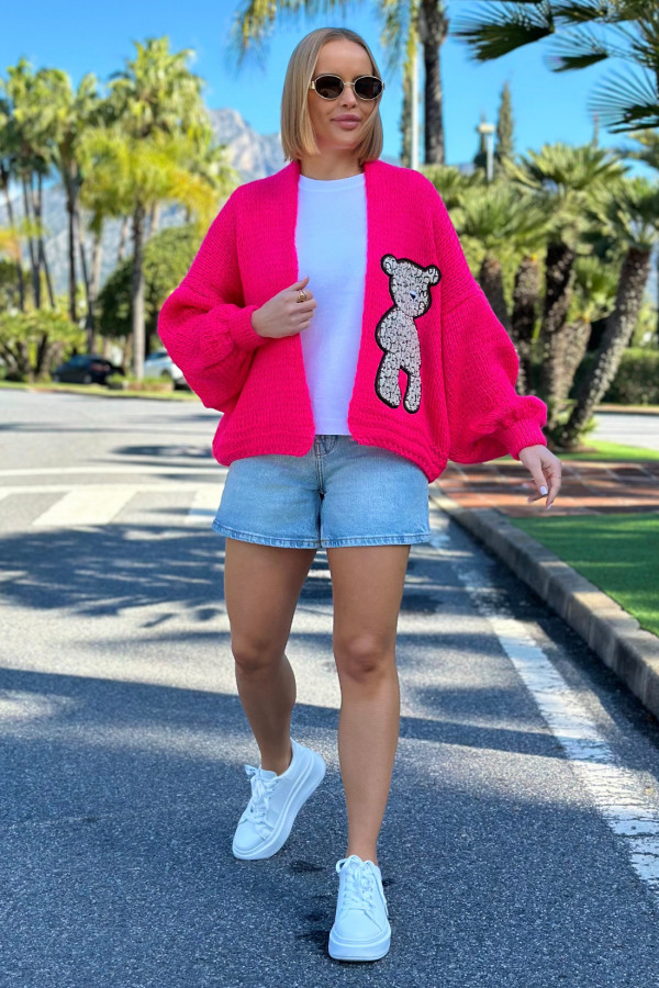 Krótki kardigan oversize Teddy Fuksja 1