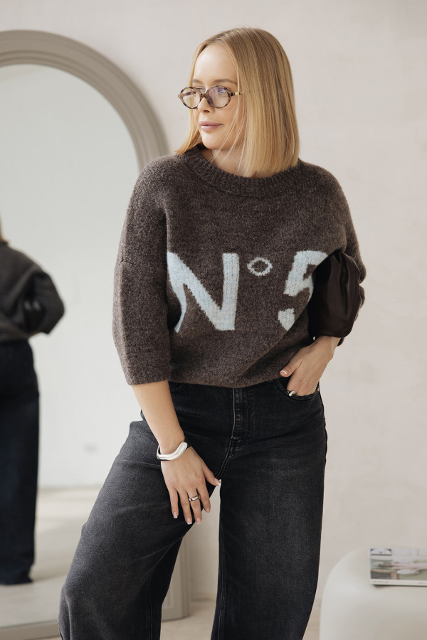 Sweter z napisem Noelle Ciemne Kakao-błękit 3