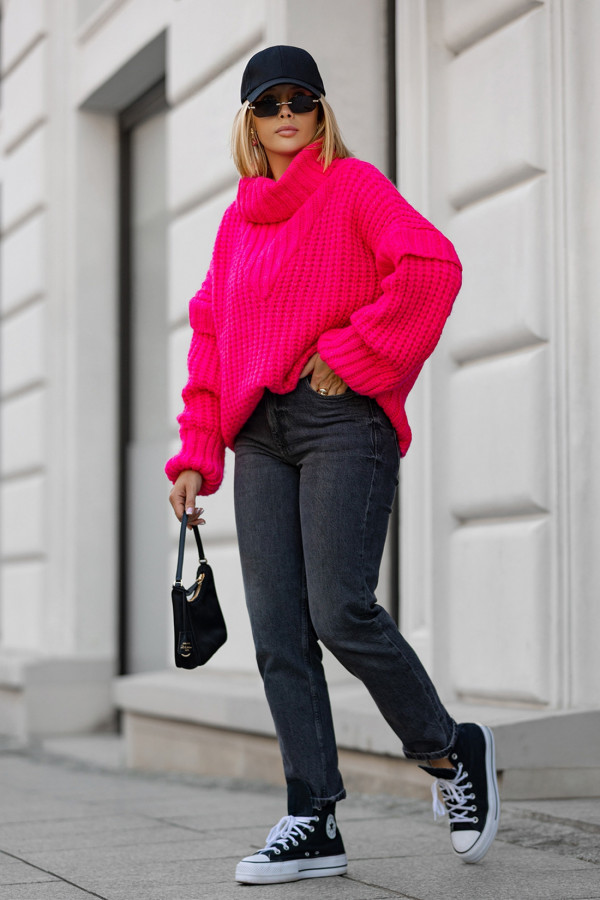 Sweter oversize z golfem Rosso Fuksja 1