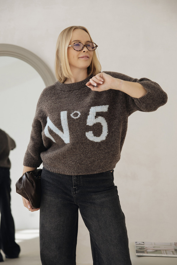 Sweter z napisem Noelle Ciemne Kakao-błękit 2