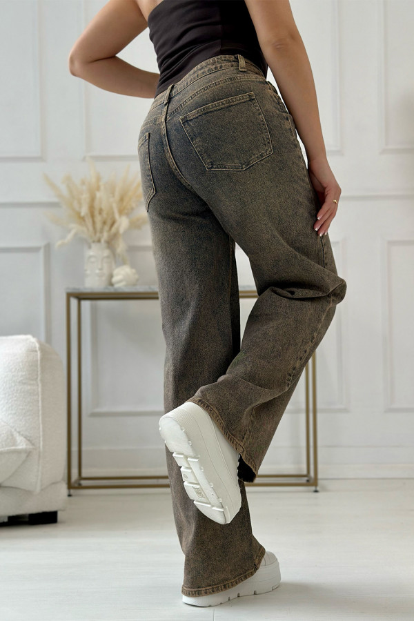 Spodnie jeansowe wide leg Leandra Brąz z efektem vintage 1