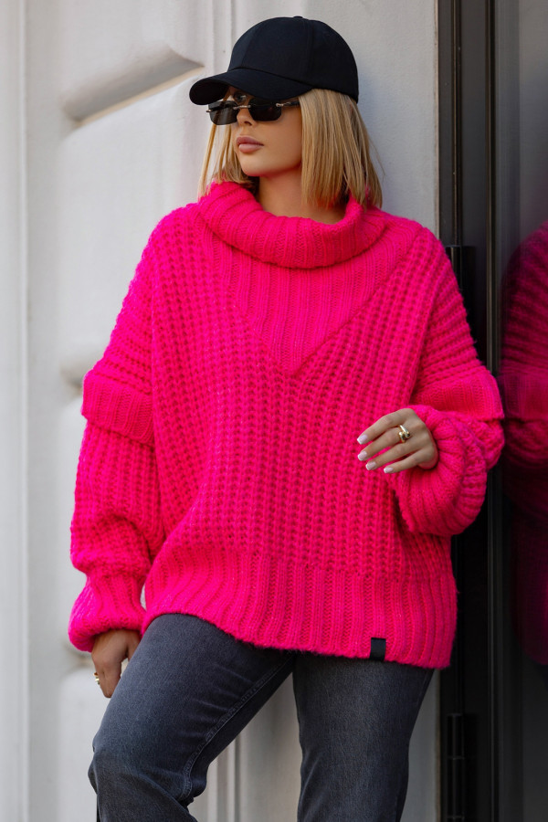 Sweter oversize z golfem Rosso Fuksja