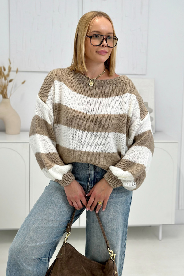 Sweter oversize w paski Tinna Latte-ecru