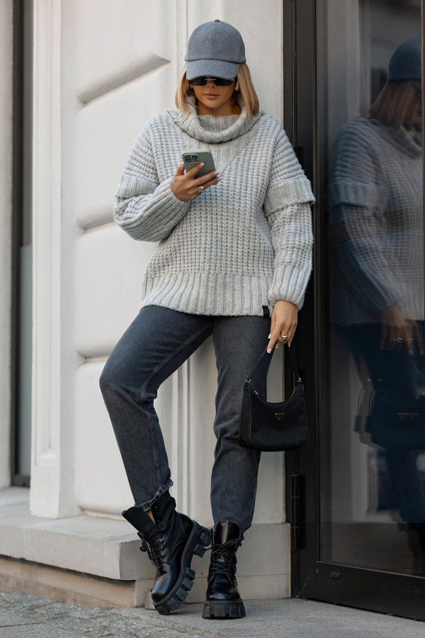 Sweter oversize z golfem Rosso Szary