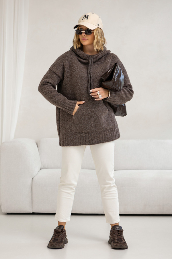 Sweter oversize z kapturem Kangurka Ciemne Kakao