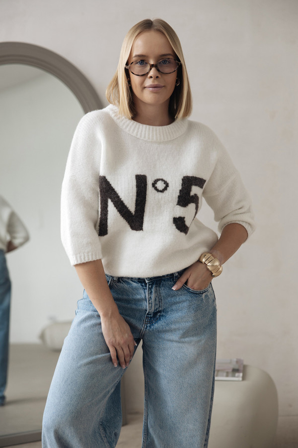 Sweter z napisem Noelle Ecru-ciemne kakao 3