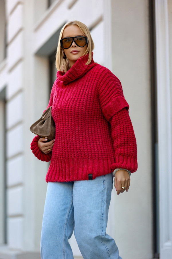 Sweter oversize z golfem Rosso Malina 2